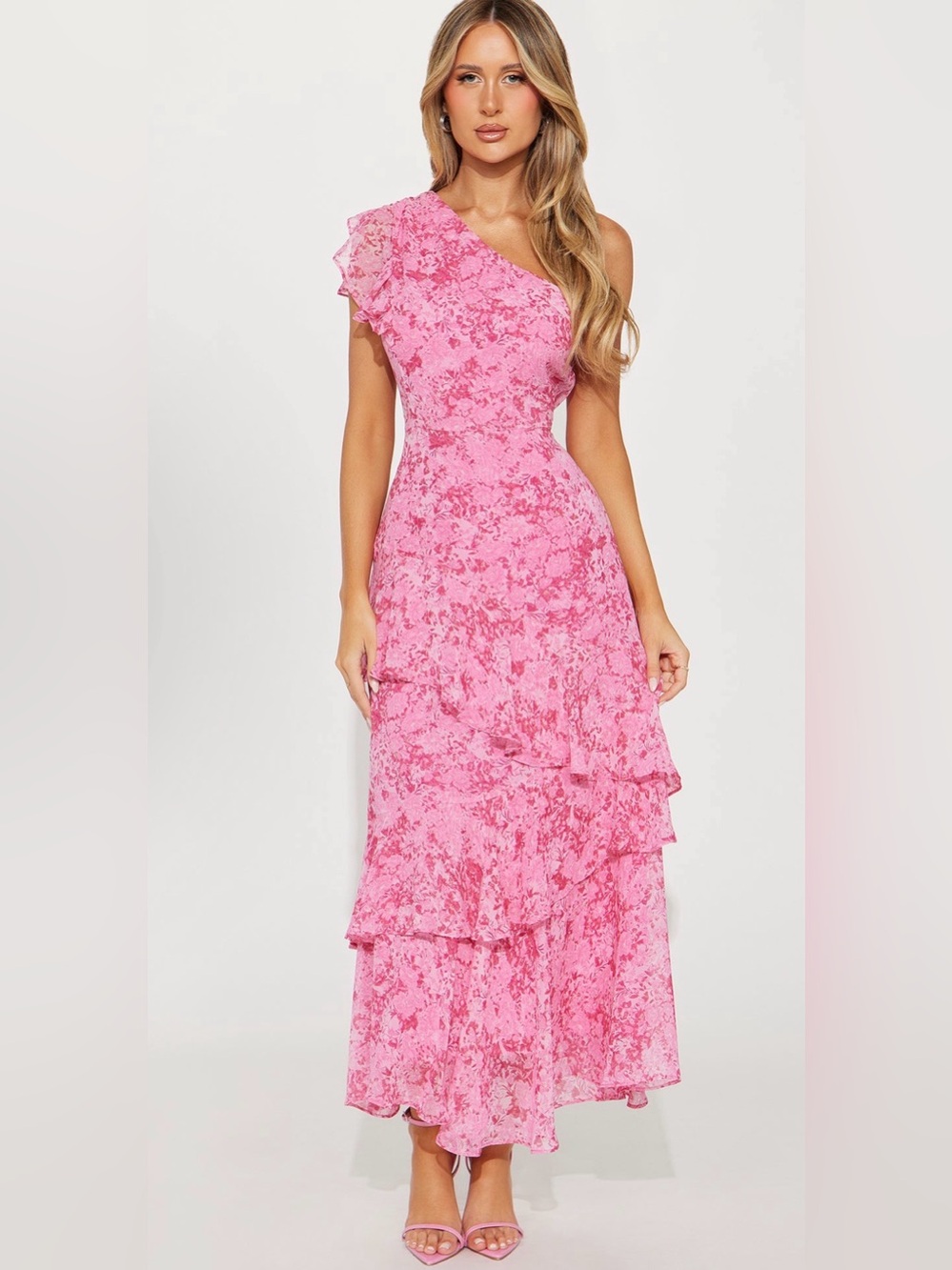Fashion Nova Pink Floral One-Shoulder Ruffle Maxi Dress Size Small